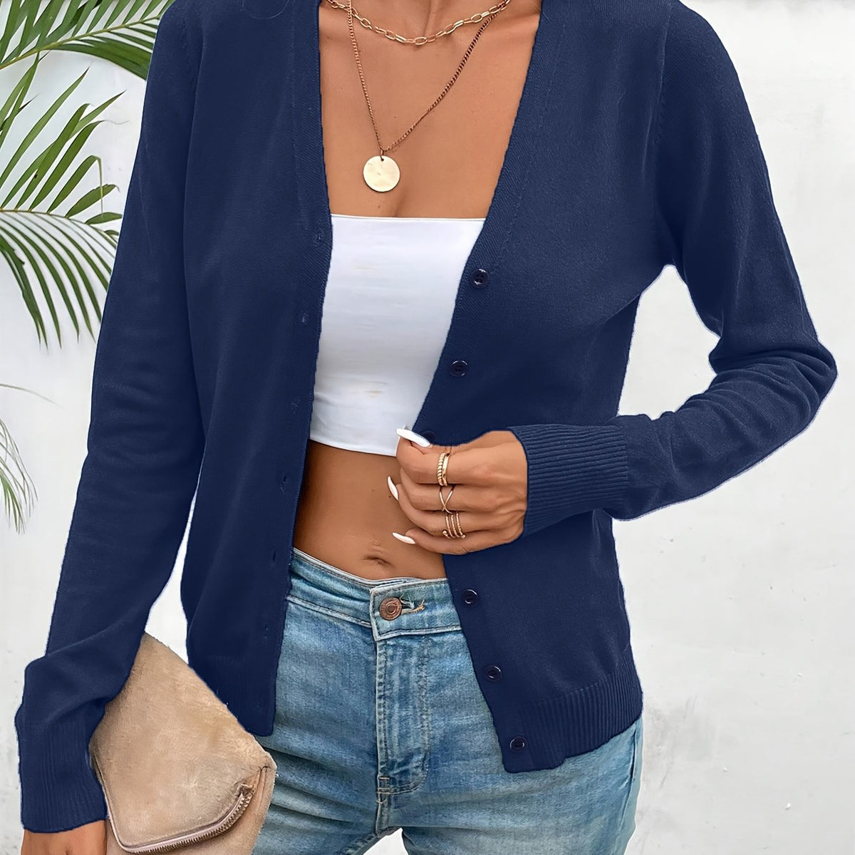 Navy V-Neck Ribbed Chic Cardigan