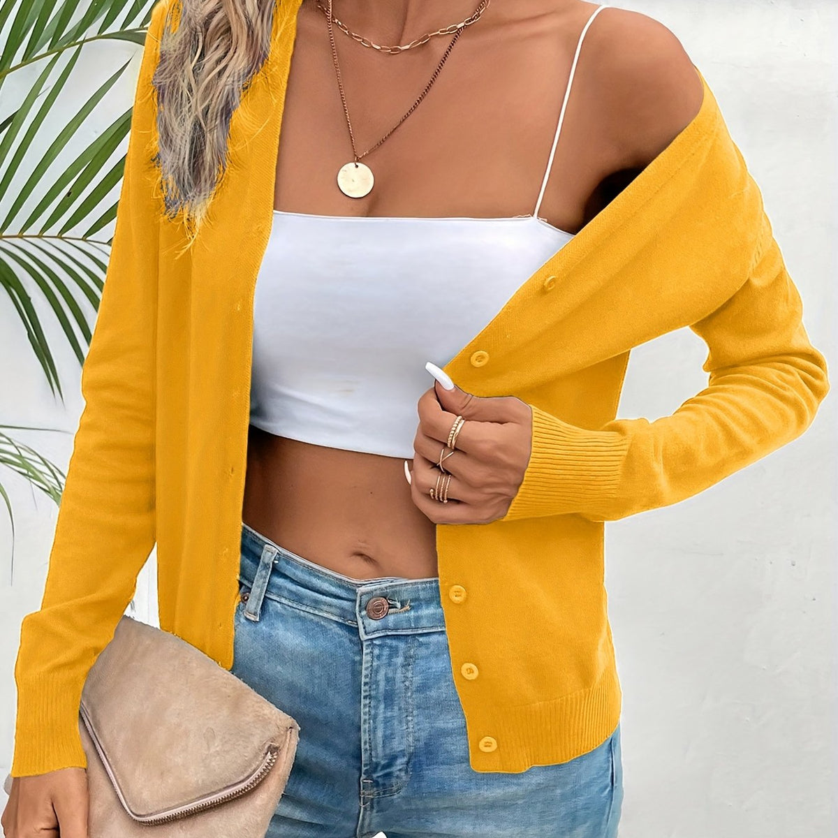 Bright Yellow V-Neck Ribbed Chic Cardigan