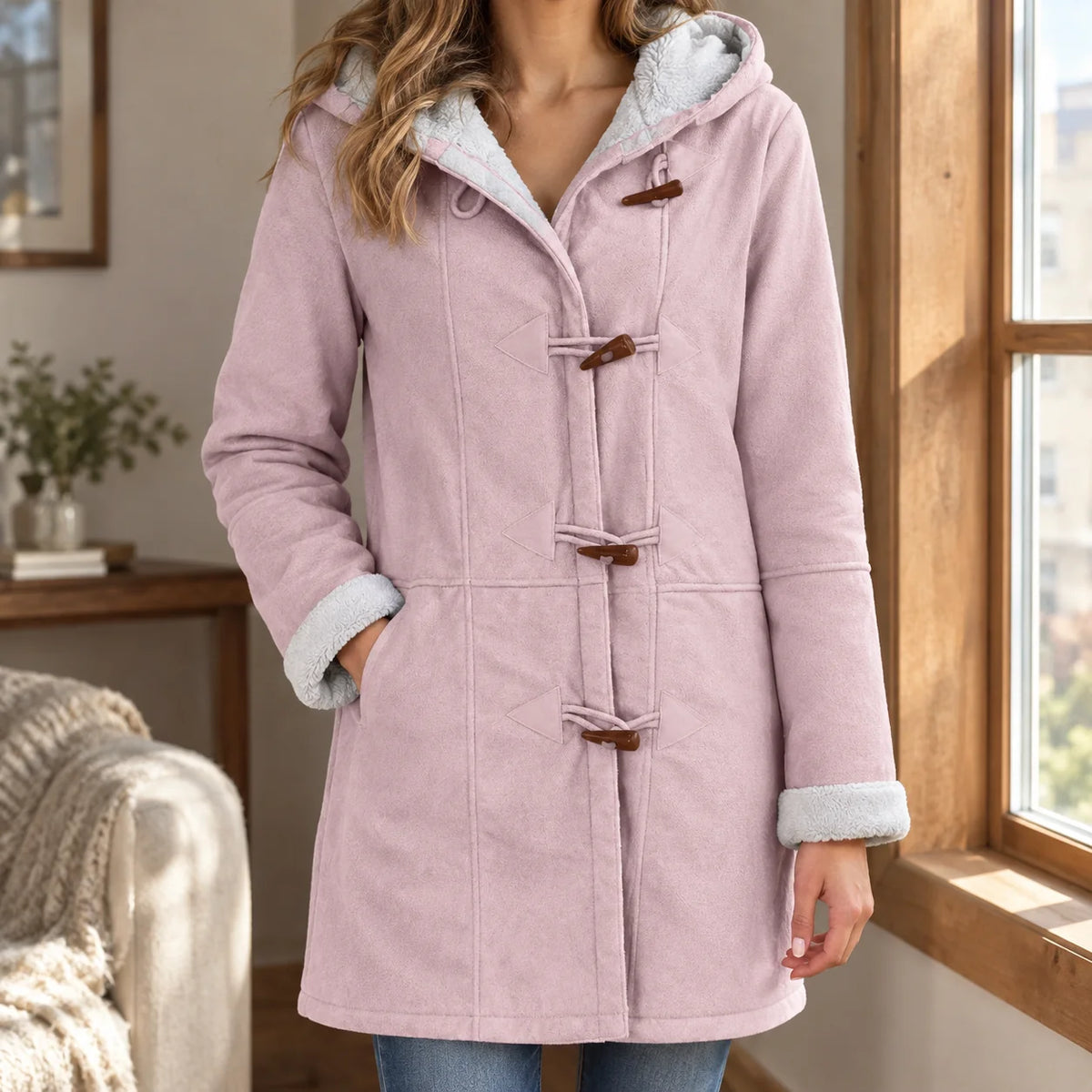 Women's Toggle Duffle Jacket with Plush Hood and Cuffs, photo 1