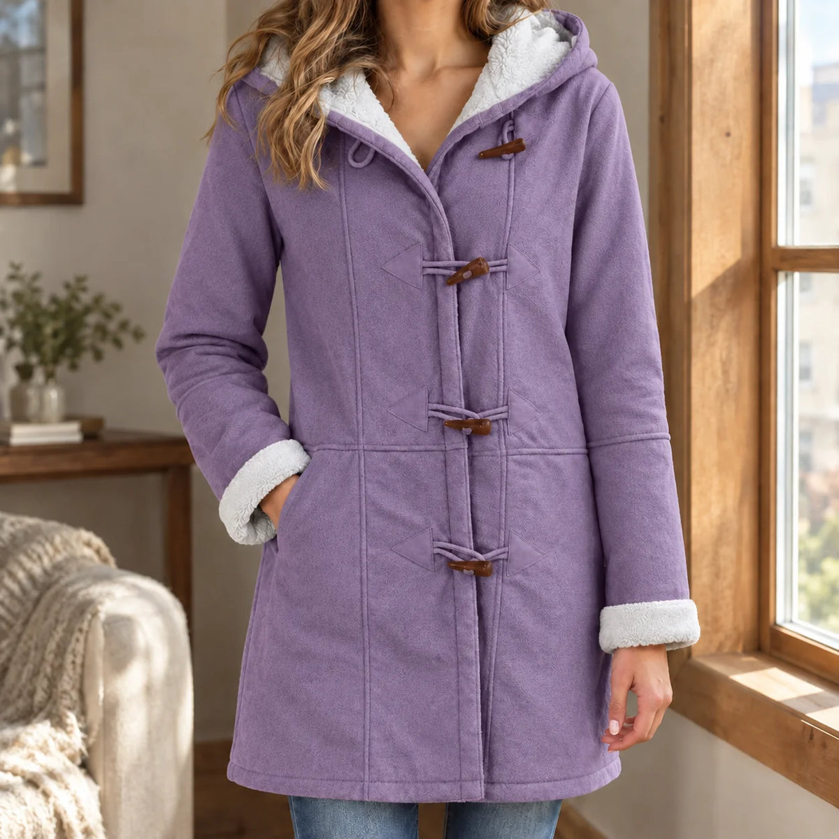 Women's Toggle Duffle Jacket with Plush Hood and Cuffs, photo 3