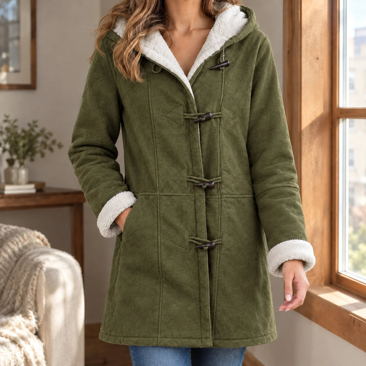 Women's Toggle Duffle Jacket with Plush Hood and Cuffs, photo 5