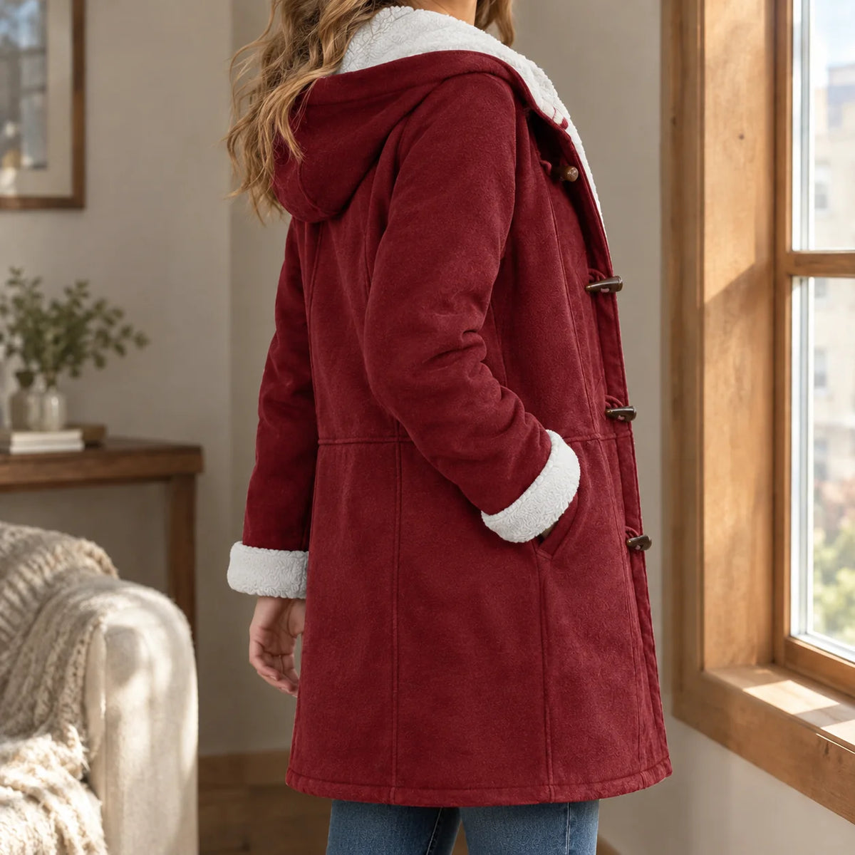 Women's Toggle Duffle Jacket with Plush Hood and Cuffs, photo 7