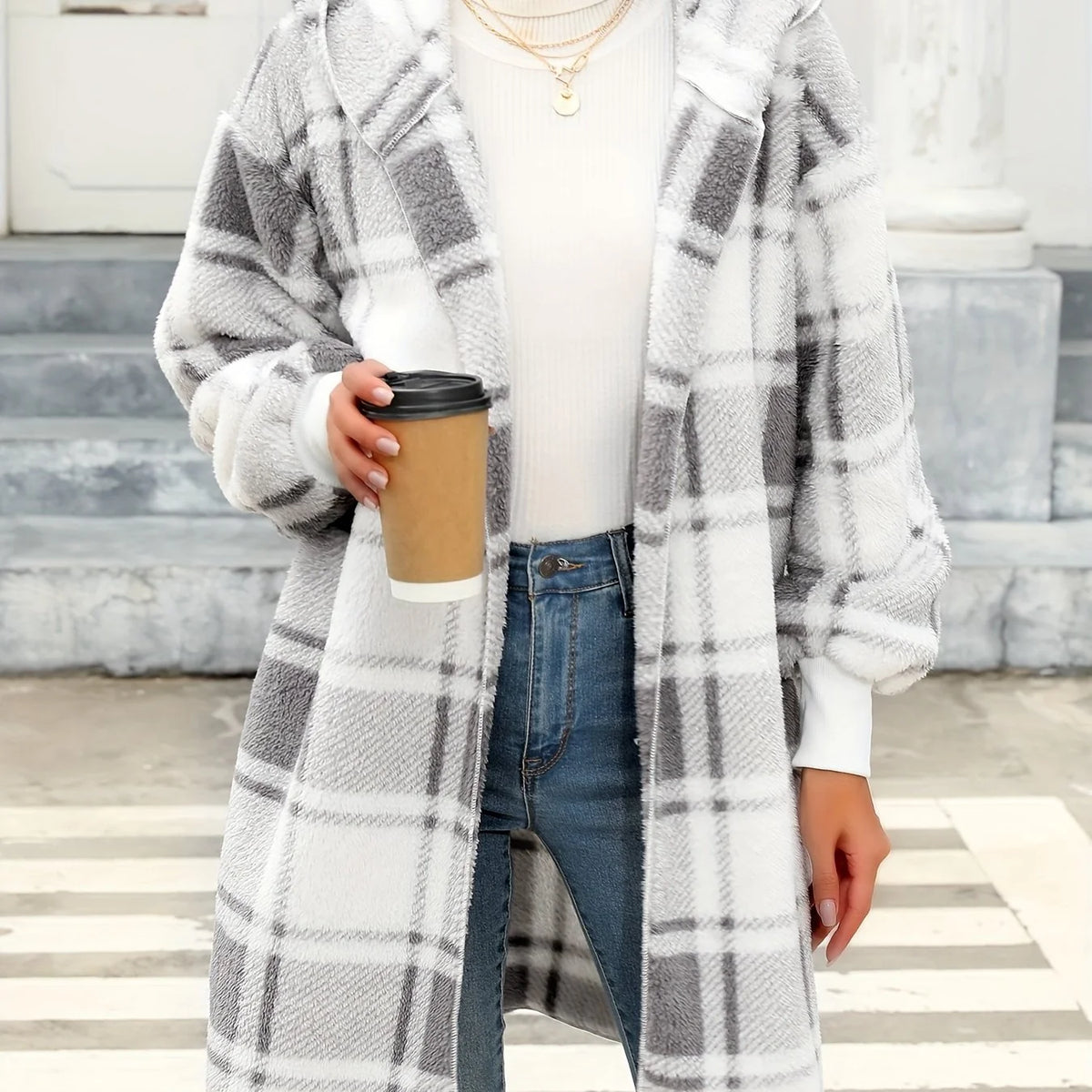Women's Plaid Hooded Cardigan, Cozy Winter Layer