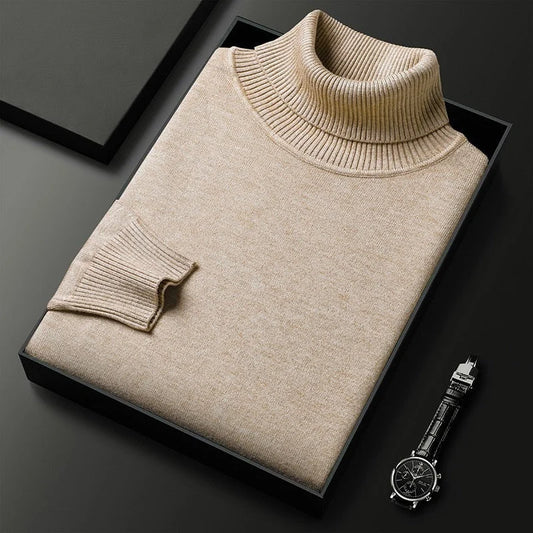 Men's beige cashmere turtleneck sweater with ribbed cuffs