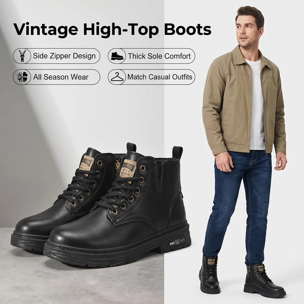 Black Rugged Lace-Up Ankle Boots with Side Zipper
