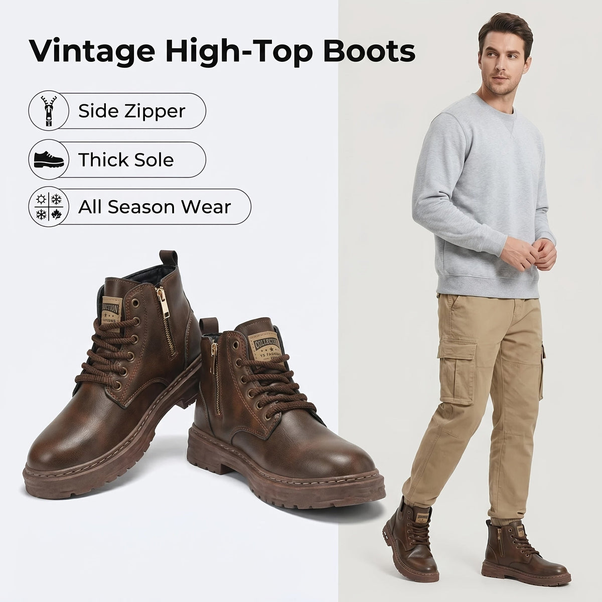 Dark Brown Rugged Lace-Up Ankle Boots with Side Zipper