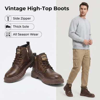 Dark Brown Rugged Lace-Up Ankle Boots with Side Zipper