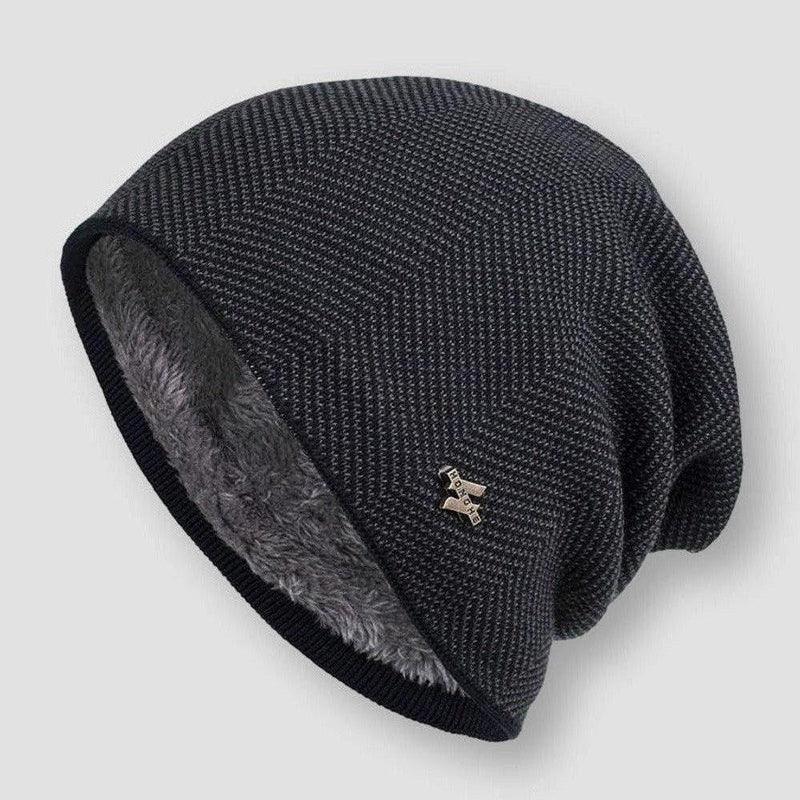 Gray Textured Faux Fur-Lined Winter Beanie