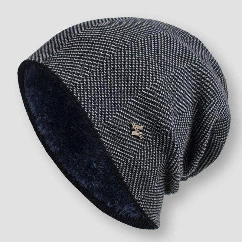 Blue Textured Faux Fur-Lined Winter Beanie