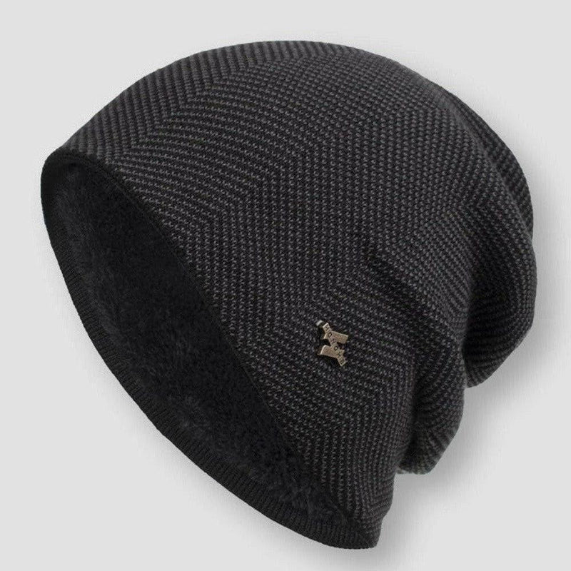 Black Textured Faux Fur-Lined Winter Beanie