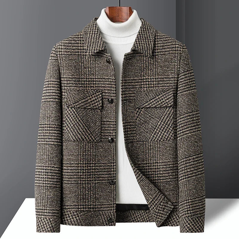 Josiah plaid wool jacket worn, lifestyle shot
