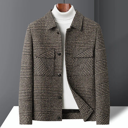 Josiah plaid wool jacket worn, lifestyle shot
