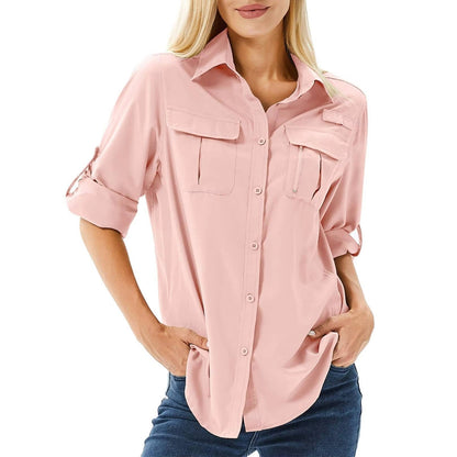 Women's pink UPF 50 hiking shirt with roll-up sleeves