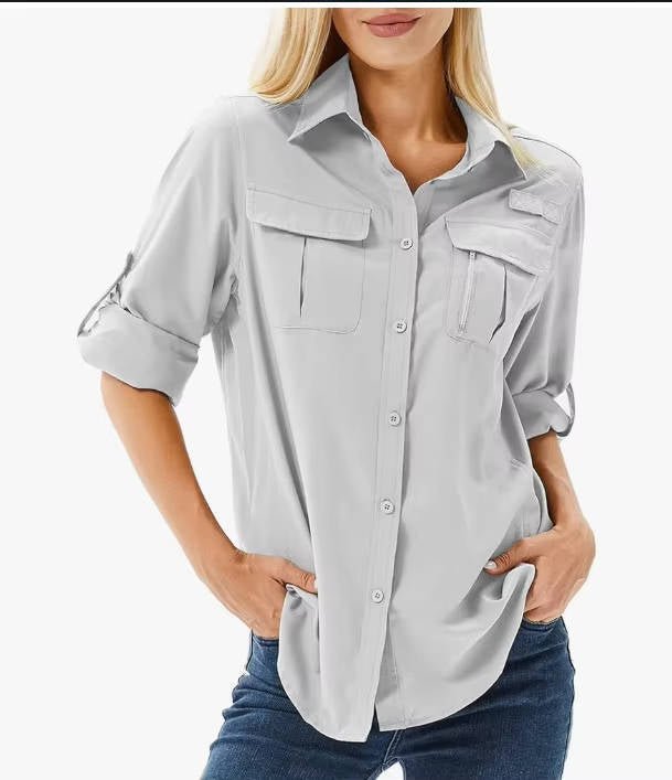 Women's pink UPF 50 hiking shirt with roll-up sleeves