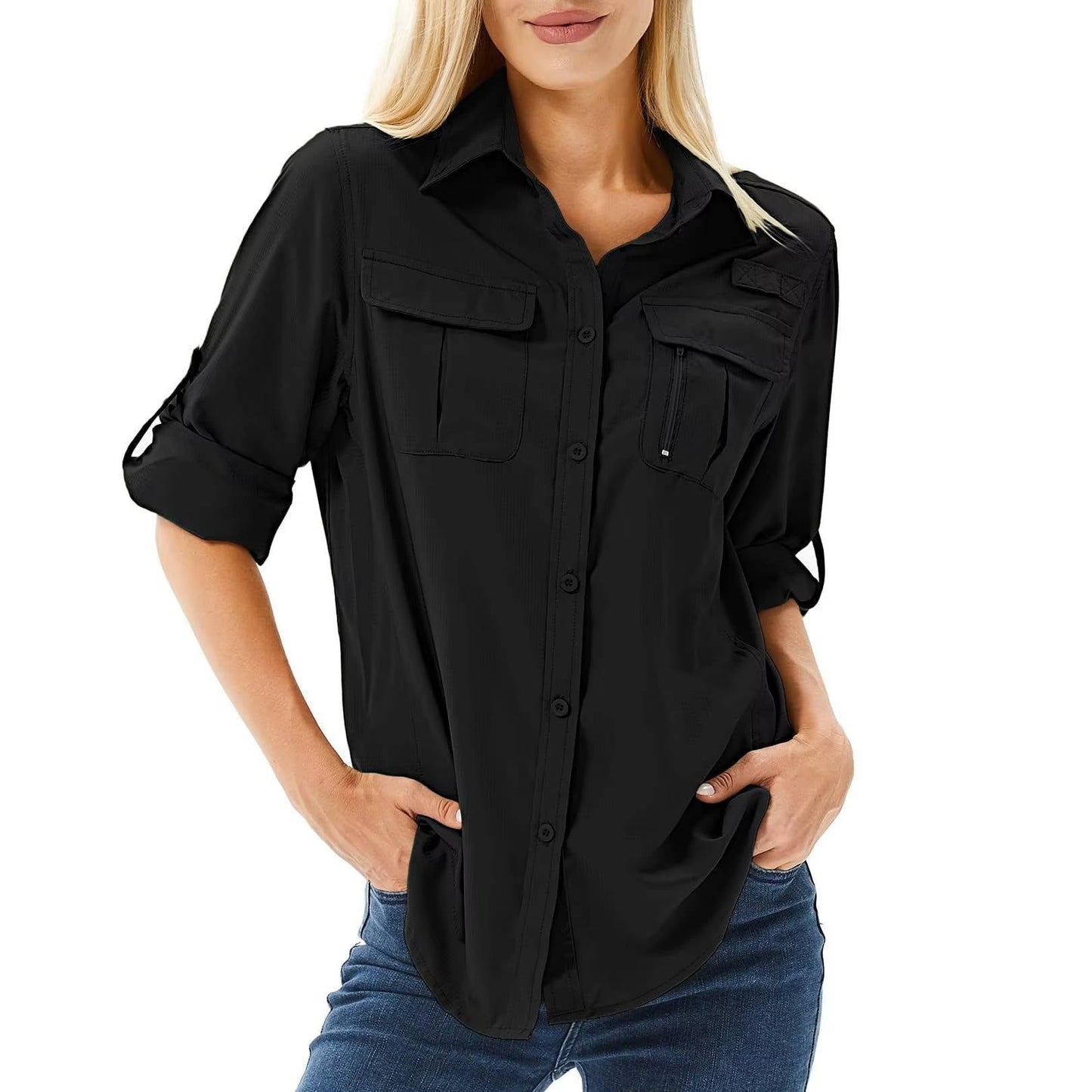 Women's pink UPF 50 hiking shirt with roll-up sleeves