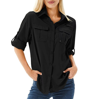Women's pink UPF 50 hiking shirt with roll-up sleeves