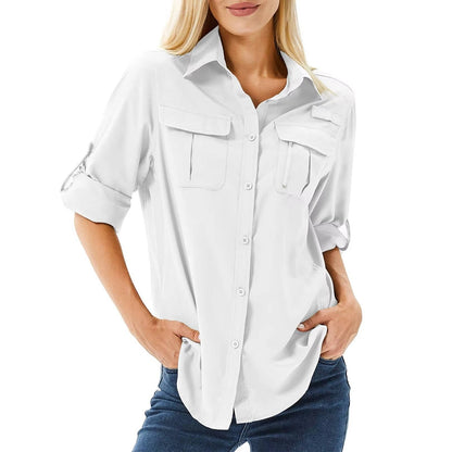 Women's pink UPF 50 hiking shirt with roll-up sleeves