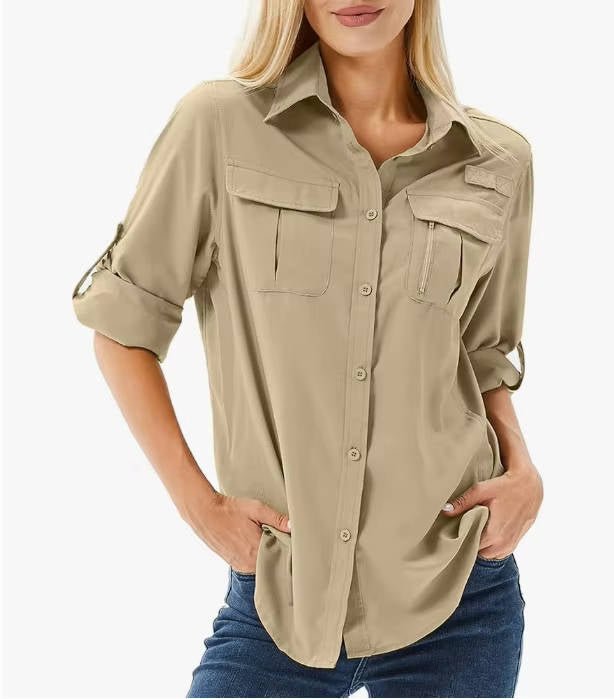 Women's pink UPF 50 hiking shirt with roll-up sleeves