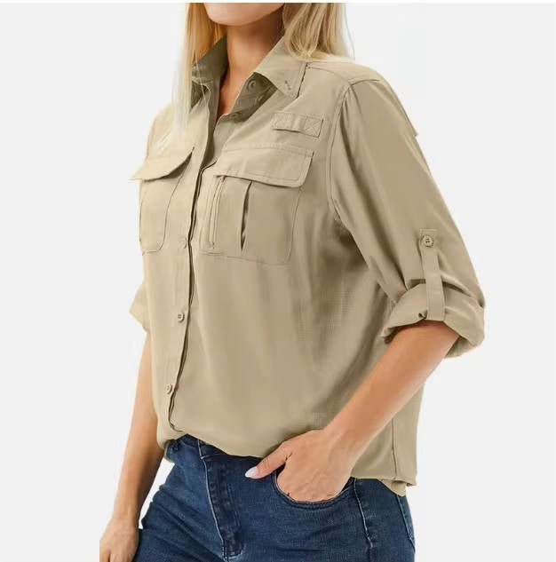 Women's light gray UPF 50 hiking shirt with roll-up sleeves