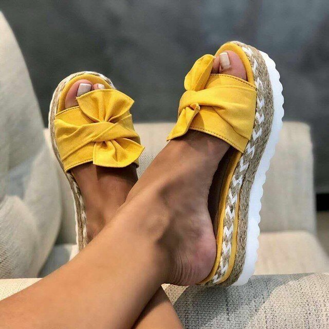Women's beige woven wedge platform sandals with bow detail