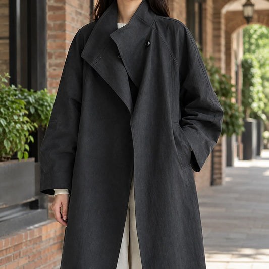 Winter stand collar overcoat, front view