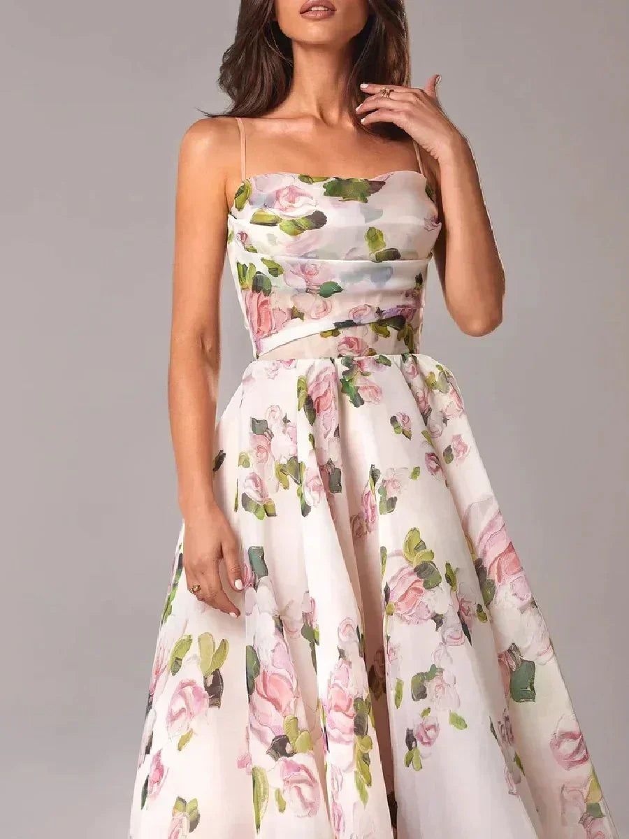 Apricot Floral Sweetheart Midi Cocktail Dress with Ruffle Hem