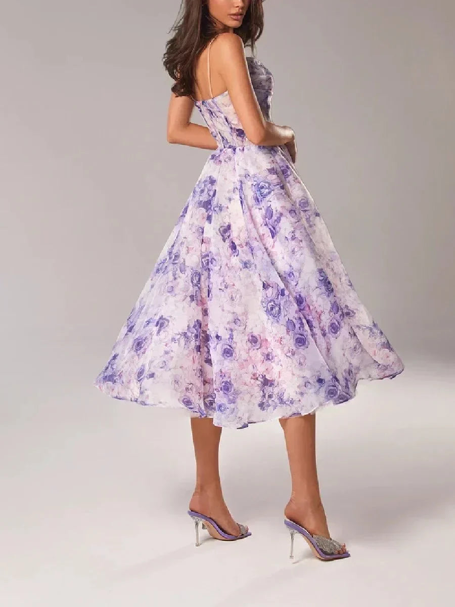 Floral Sweetheart Midi Cocktail Dress with Ruffle Hem – view 2
