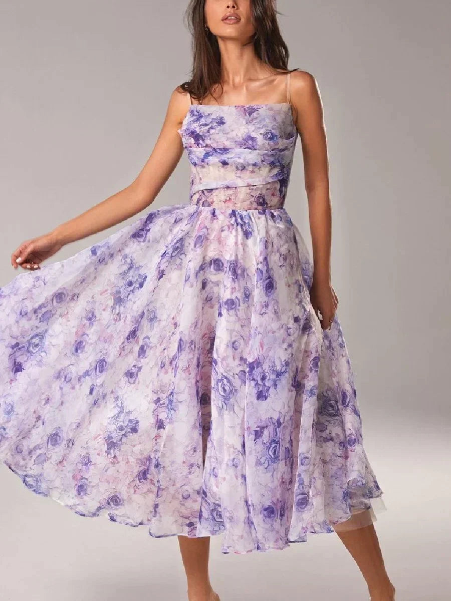 Purple Floral Sweetheart Midi Cocktail Dress with Ruffle Hem