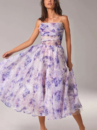 Purple Floral Sweetheart Midi Cocktail Dress with Ruffle Hem