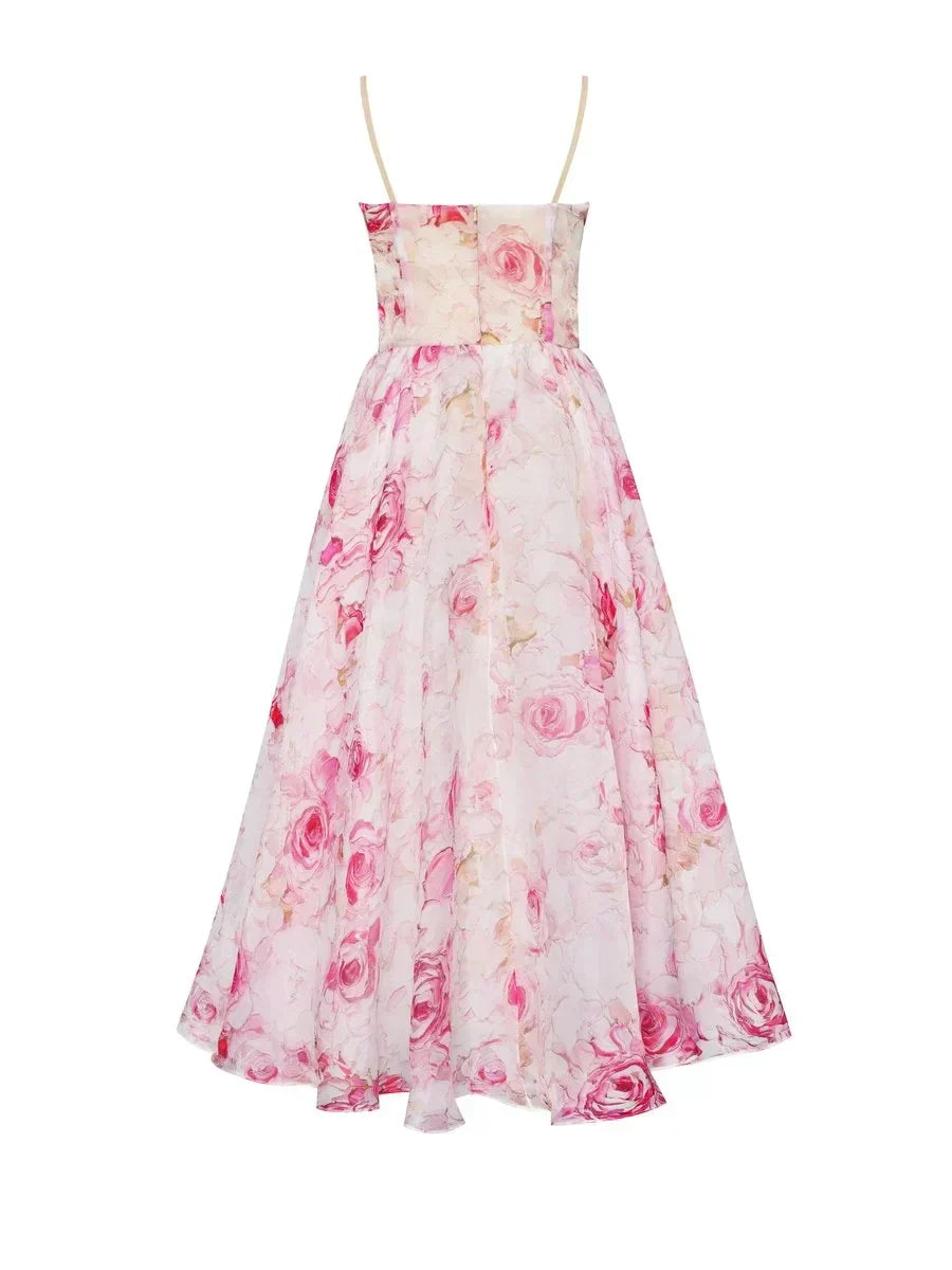Pink Floral Sweetheart Midi Cocktail Dress with Ruffle Hem