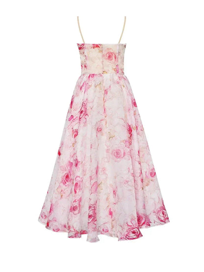 Pink Floral Sweetheart Midi Cocktail Dress with Ruffle Hem