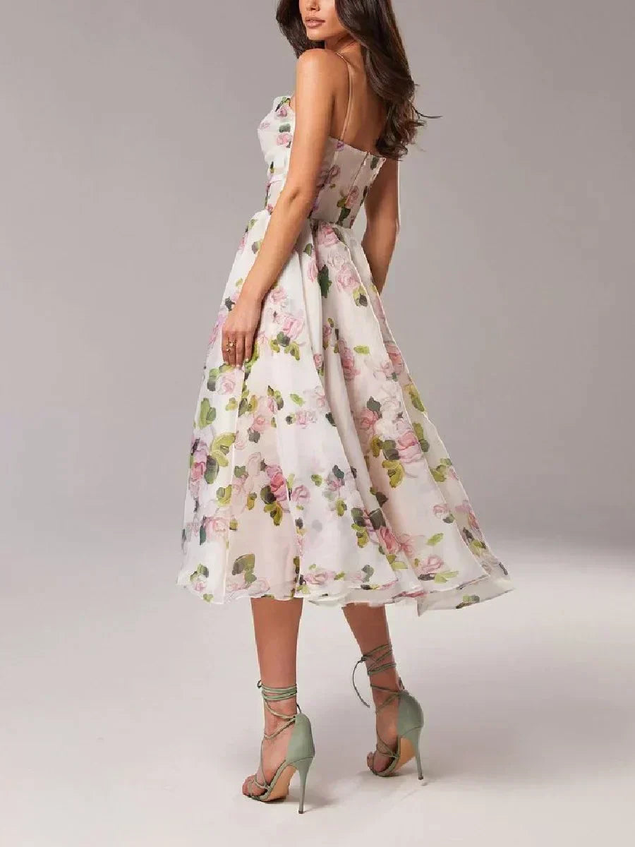 Floral Sweetheart Midi Cocktail Dress with Ruffle Hem – view 4