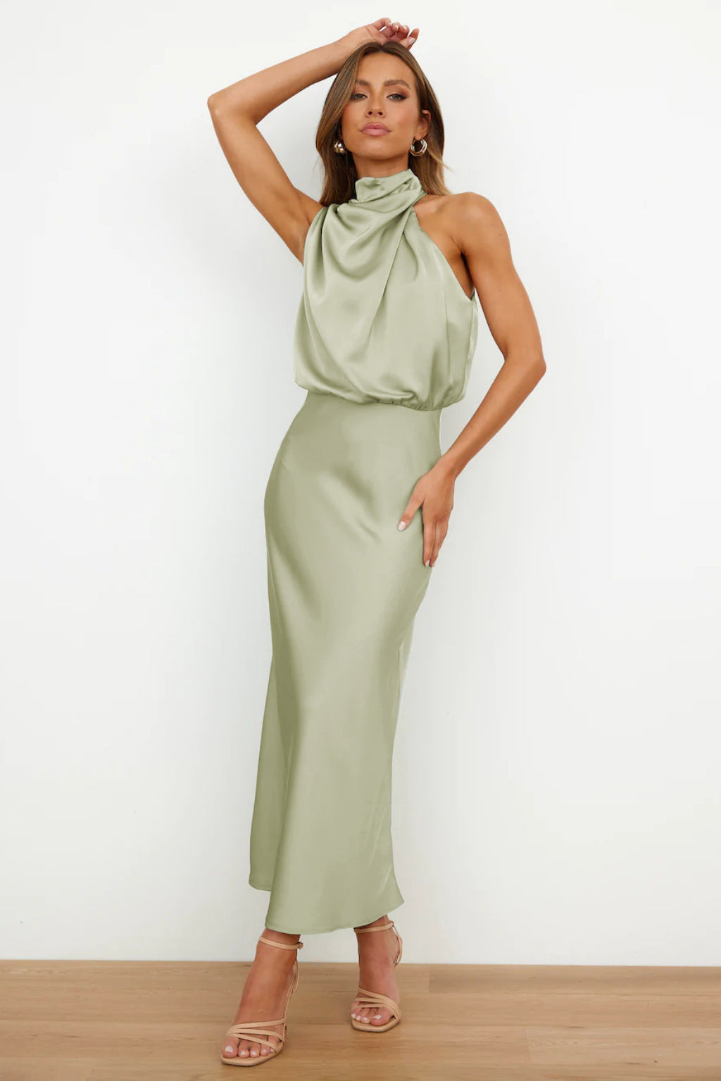 Light Green Halter Flared Casual Day Dress with Adjustable Side Tie