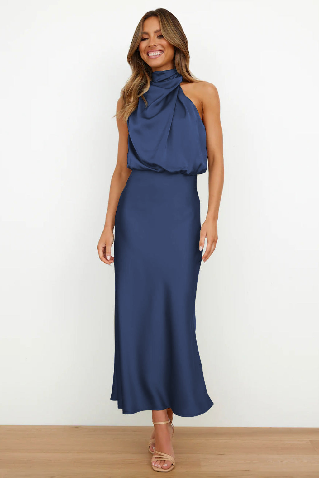 Dark Blue Halter Flared Casual Day Dress with Adjustable Side Tie