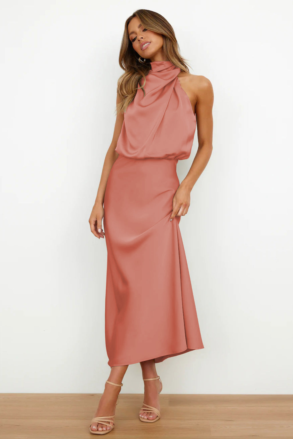 Salmon Pink Halter Flared Casual Day Dress with Adjustable Side Tie