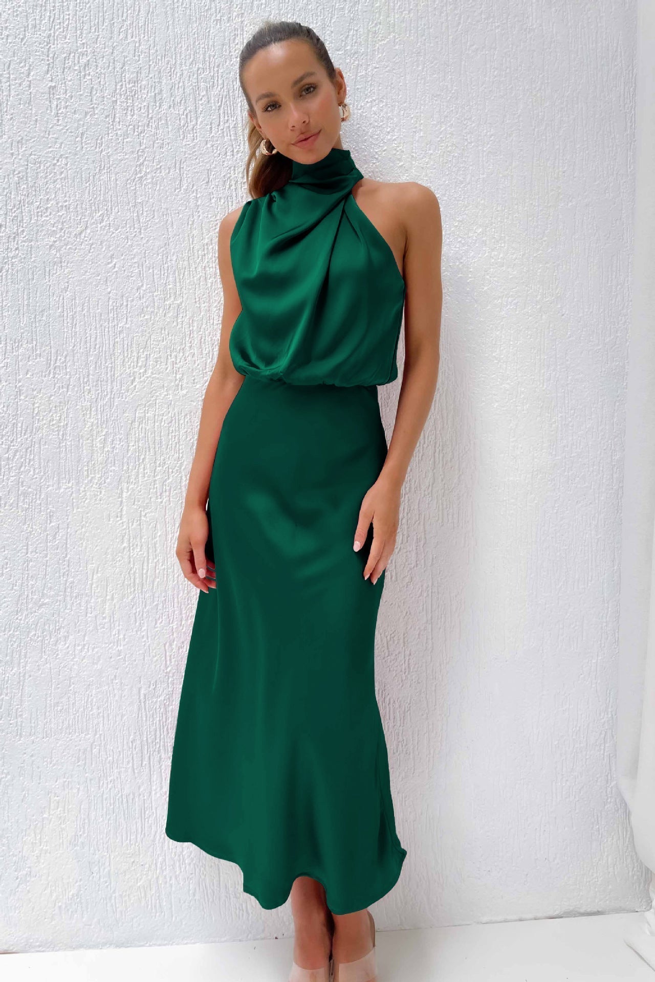 Green Halter Flared Casual Day Dress with Adjustable Side Tie