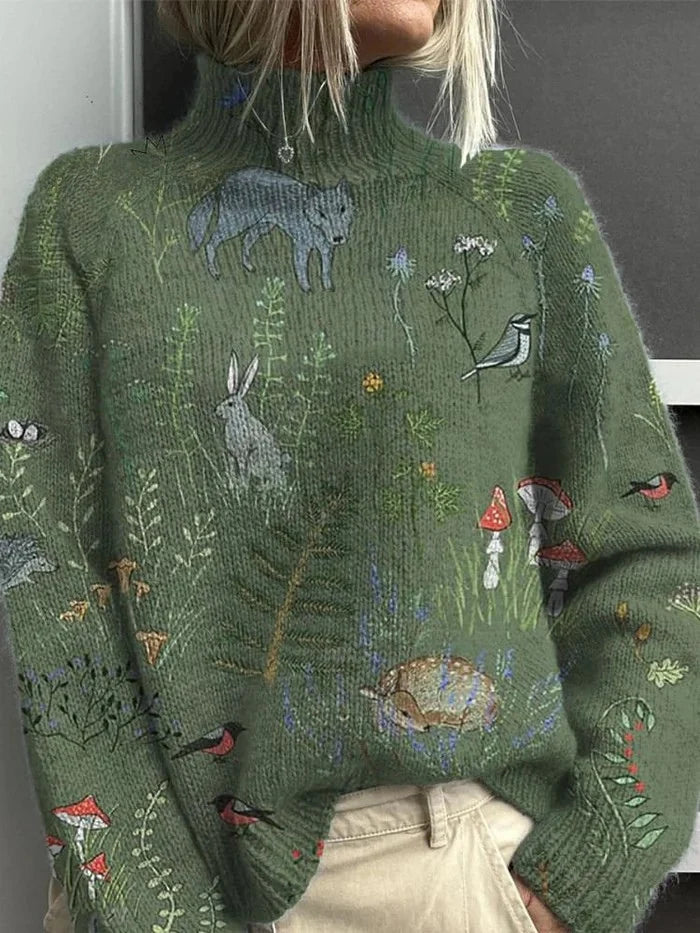 Women's green turtleneck sweater with ribbed hem