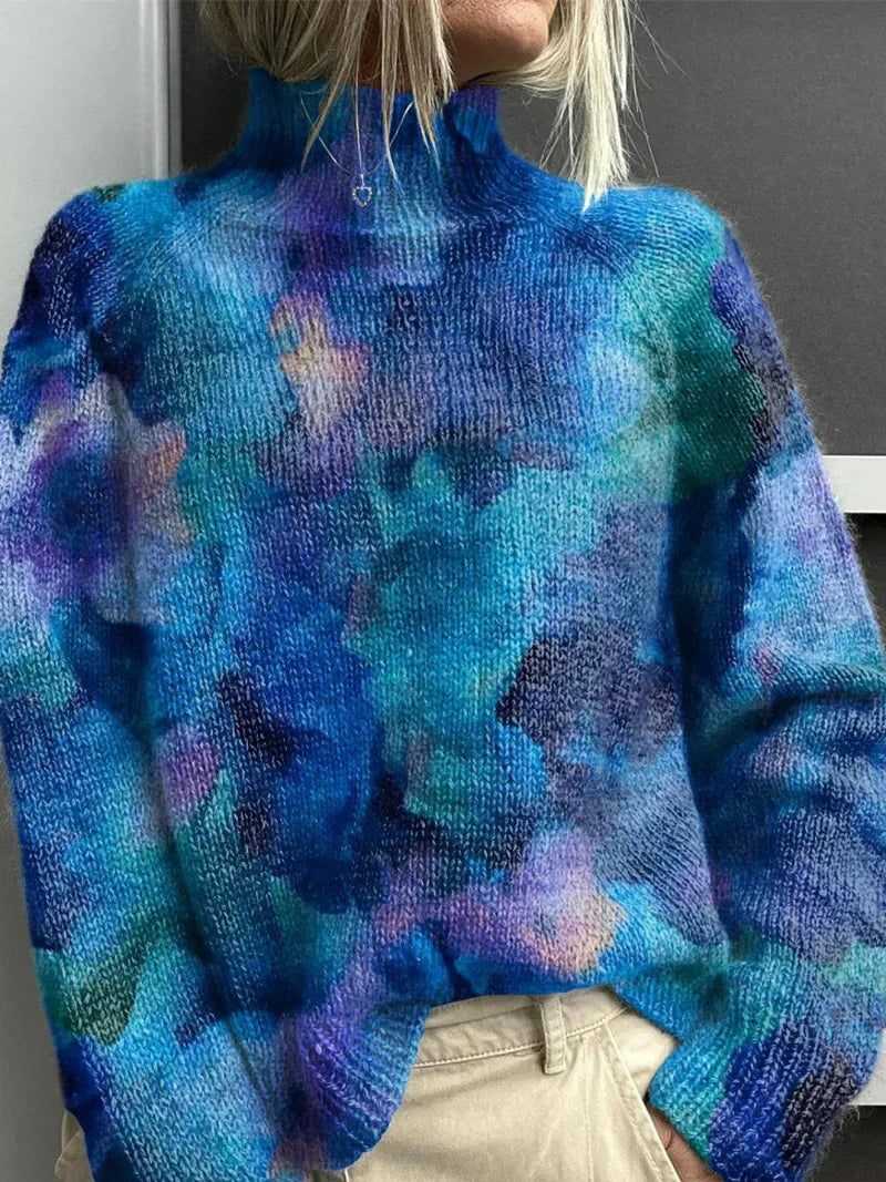 Women's blue turtleneck sweater with ribbed hem