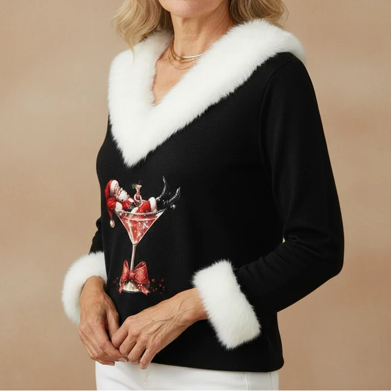 Women's black V-neck top with seasonal graphic