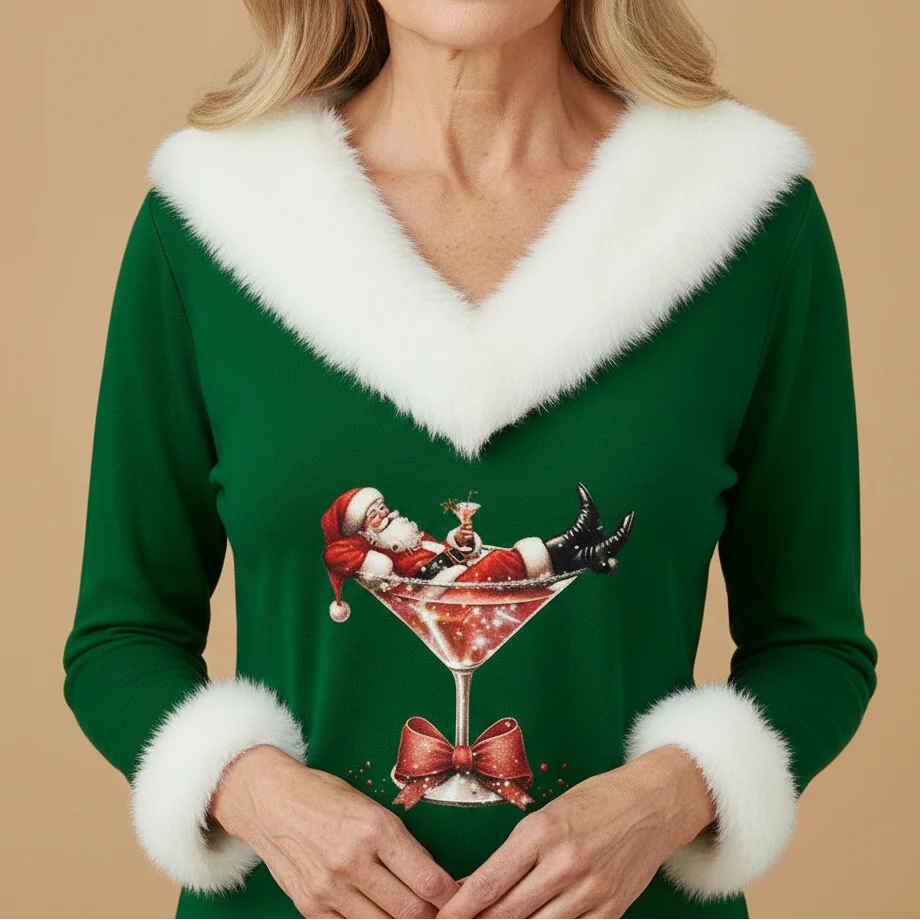 Women's green V-neck top with seasonal graphic