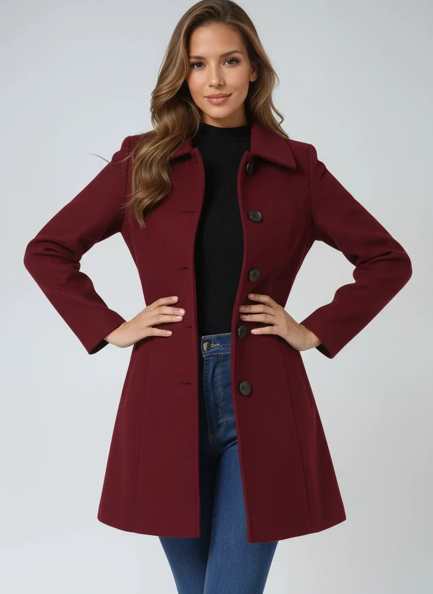 Dark Red Notch-Lapel Fit-and-Flare Trench Coat