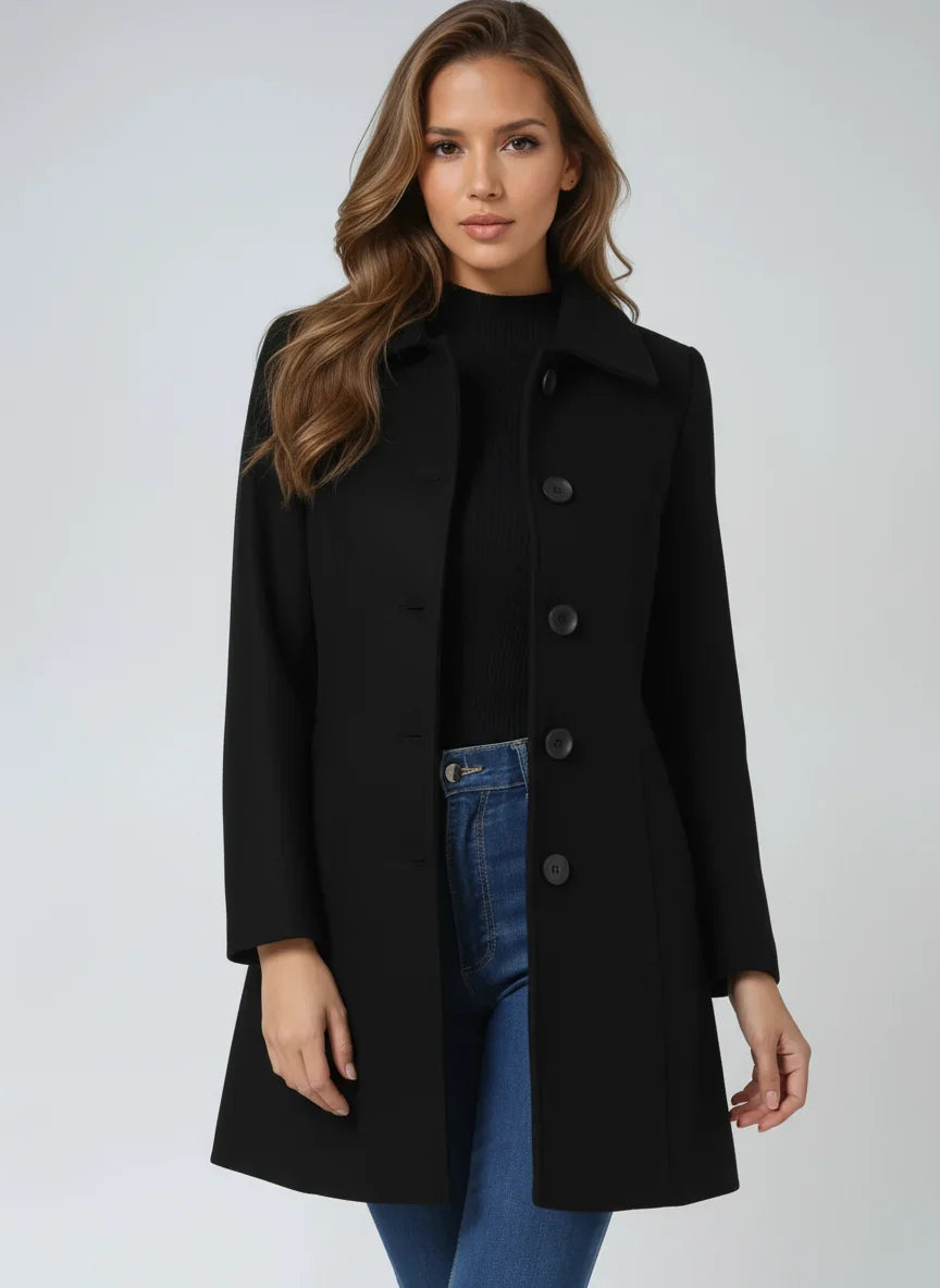 Black Notch-Lapel Fit-and-Flare Trench Coat