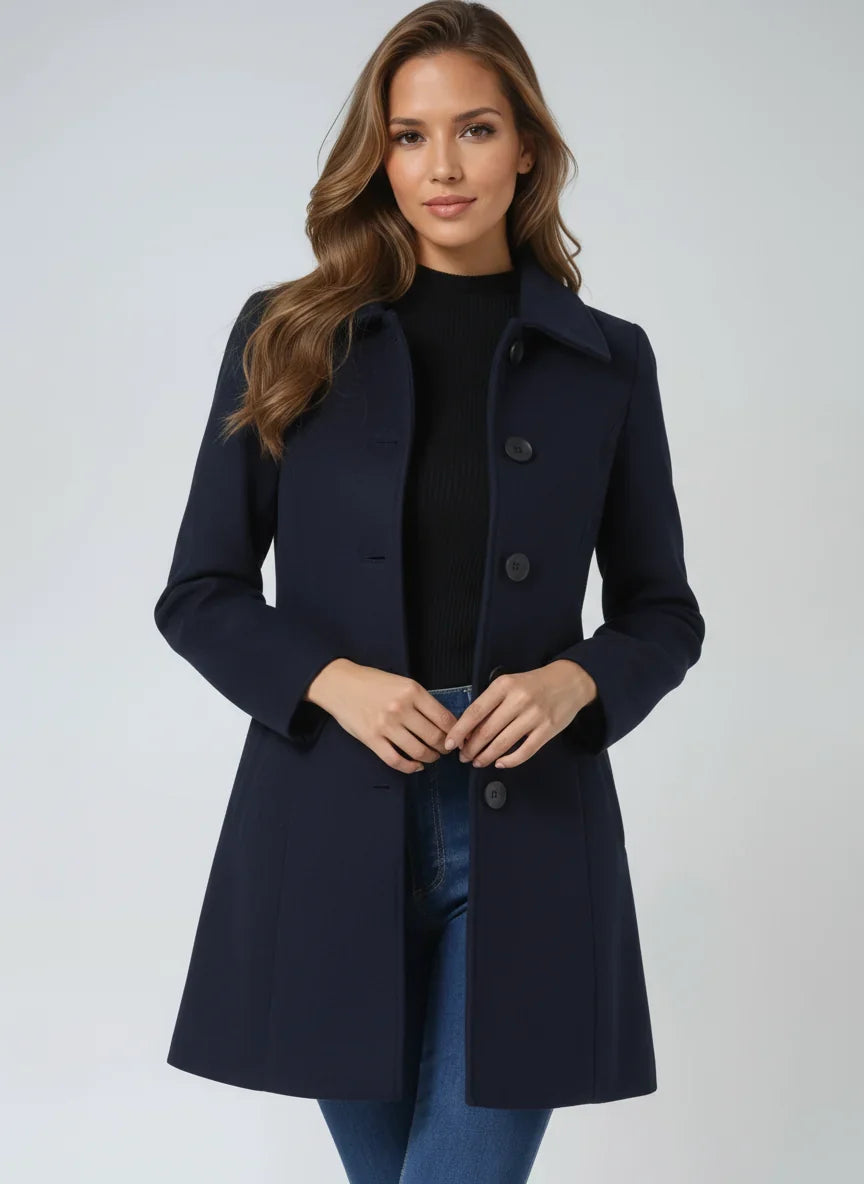 Dark Blue Notch-Lapel Fit-and-Flare Trench Coat
