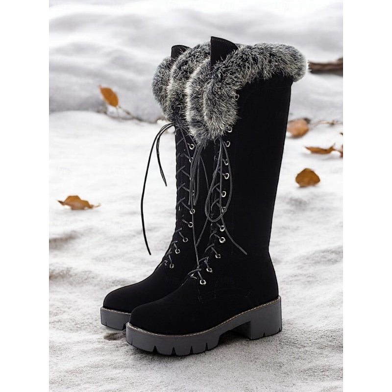 Black Cozy Lace-Up Knee-High Winter Boots