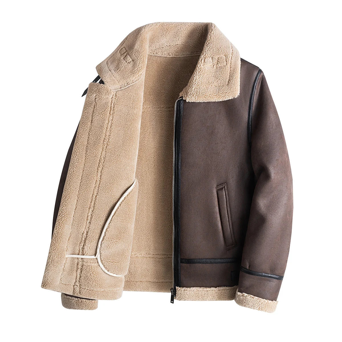 Kai shearling jacket worn, lifestyle shot