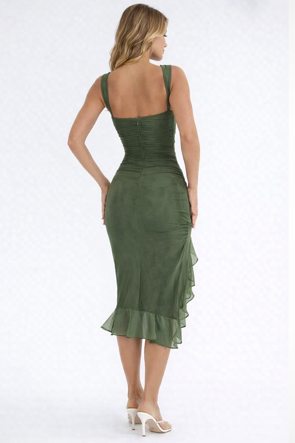 Women's black ruched sleeveless midi wedding guest dress