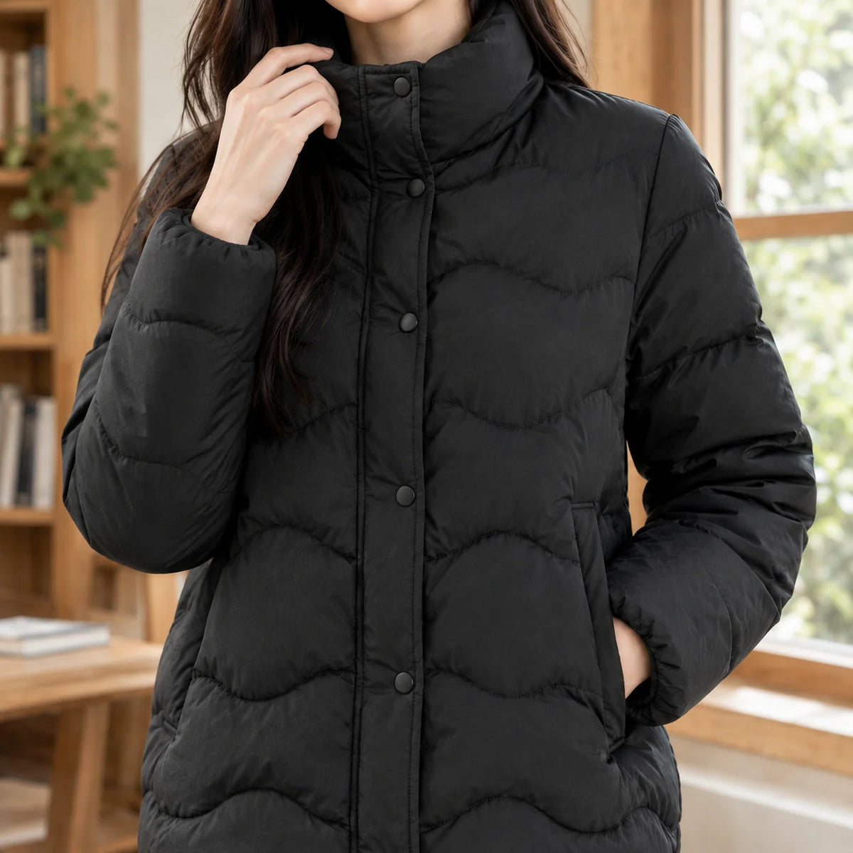 Women's white puffer jacket with raised stand collar