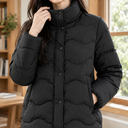 Women's white puffer jacket with raised stand collar