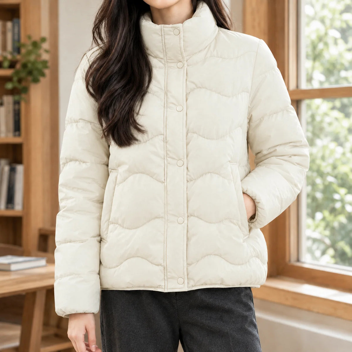 Women's red quilted puffer jacket with snap-front placket