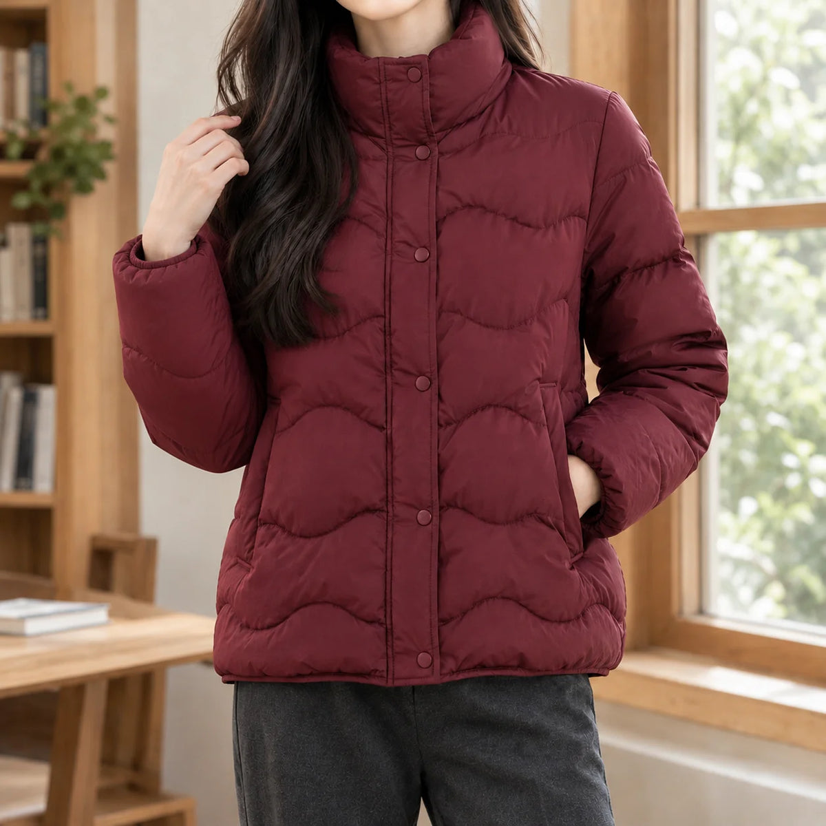 Women's beige puffer jacket with angled welt pockets